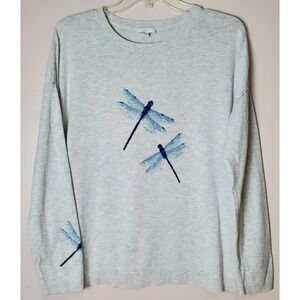 J Jill Dragonfly Sweater Heather Gray Blue Petite Medium Boho Chic Nature Phoebe